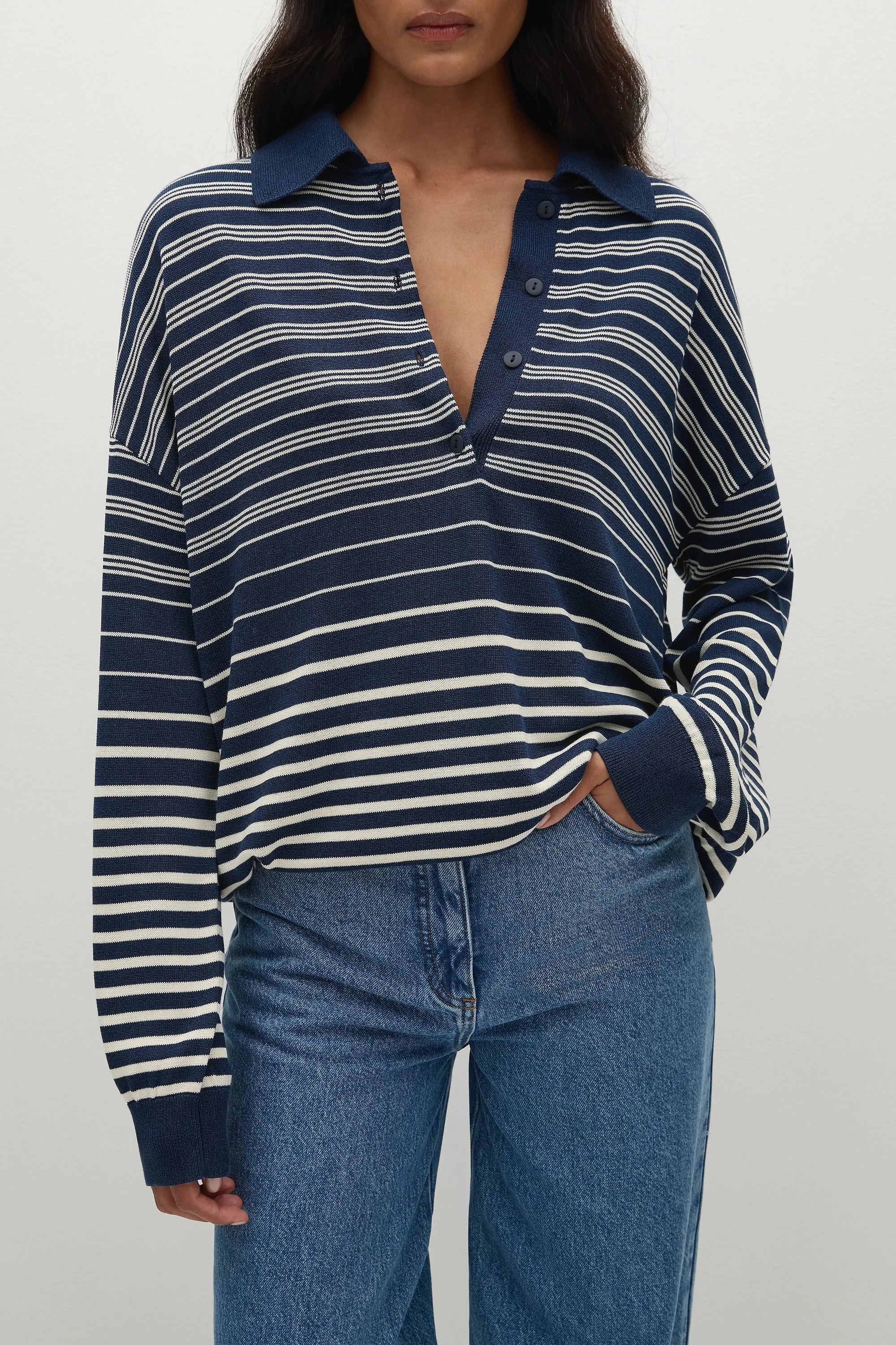 Harlow Oversized Polo Scandi Stripe Navy Cream
