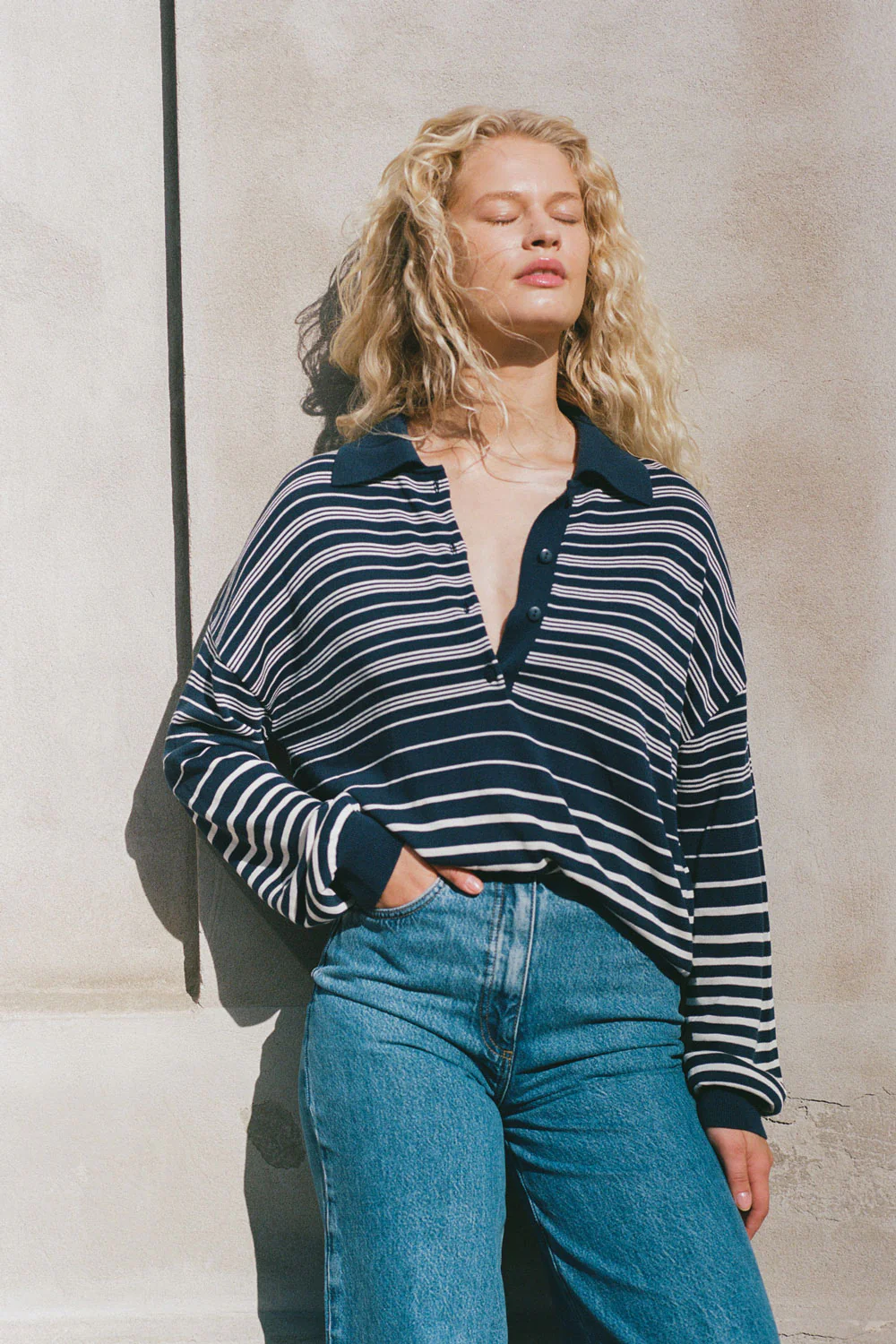 Harlow Oversized Polo Scandi Stripe Navy Cream