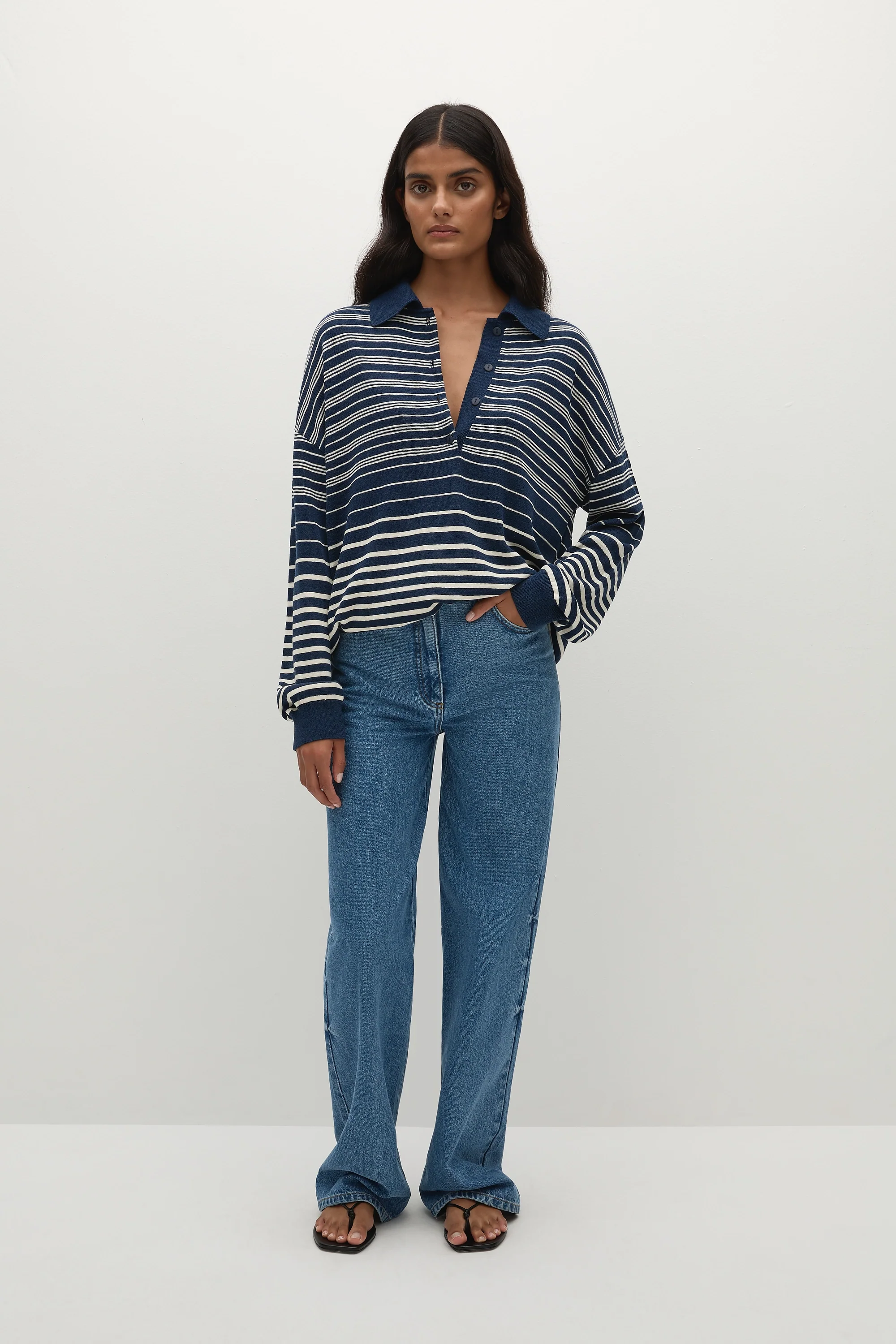 Harlow Oversized Polo Scandi Stripe Navy Cream